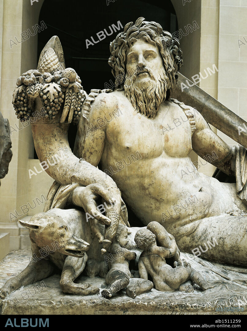 Roman civilization, 2nd century. Marble statue representing Tiber River. From Rome, Temple of Isis and Serapis. Detail, cornucopia and the Wolf nursing twins Romulus and Remus.