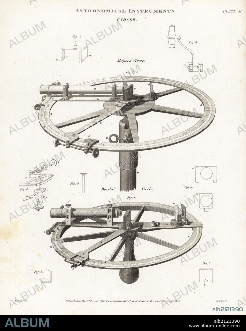 Astronomical instruments: Tobias Mayer's reflecting circle of 1752 and Jean-Charles Borda's improved version of 1777. Copperplate engraving by Wilson Lowry after a drawing by J. Farey from Abraham Rees' Cyclopedia or Universal Dictionary of Arts, Sciences and Literature, Longman, Hurst, Rees, Orme and Brown, London, 1820.