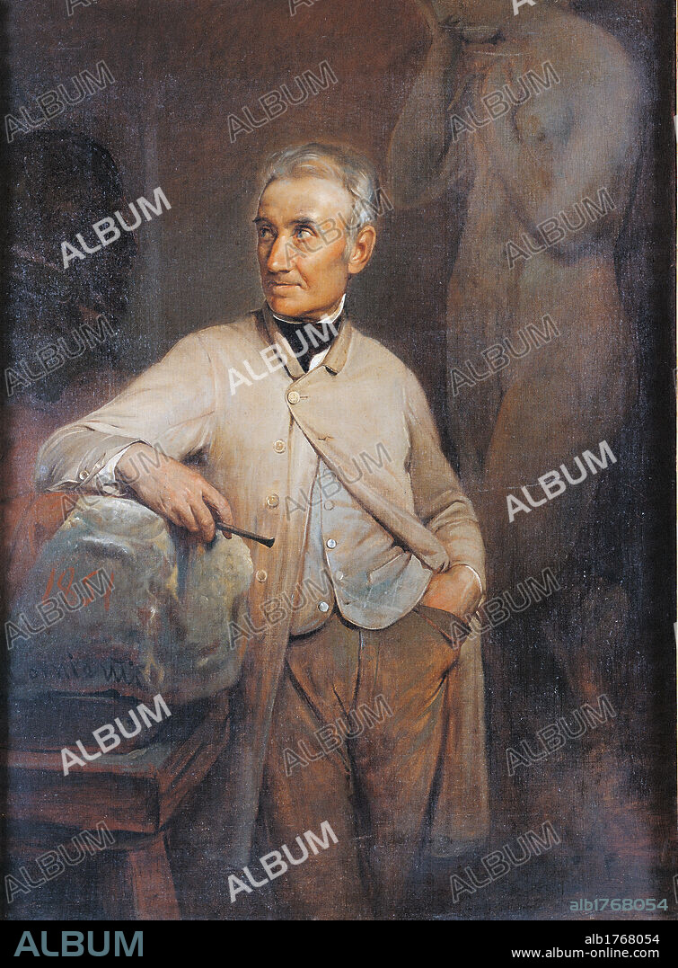 Portrait of Rinaldo Rinaldi, by Cherubino Cornienti, 1851, 19th Century, oil on canvas, cm 135,5 x 98,5. Italy, Lazio, Rome, National Academy of San Luca. All. Male portrait man Rinaldo Rinaldi sculptor chisel stone blocks statues trousers brown vest grey gown gaze. Authorization required for non editorial use.
