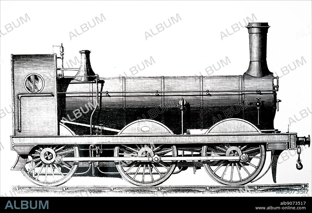 Engraving depicting a 0-6-0 locomotive. Under the Whyte notation for the classification of steam locomotives, 0-6-0 represents the wheel arrangement of no leading wheels, six powered and coupled driving wheels on three axles and no trailing wheels. Dated 19th century.