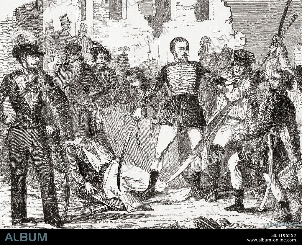 The death of General Hentzi at the storming of Buda by the Hungarian forces of ArtÃºr GÃ¶rgei in 1849.  Heinrich Hentzi von Arthurm, 1785 - 1849. Hungarian general in the army of the Austrian Empire.  ArtÃºr GÃ¶rgei de GÃ¶rg? et Toporc, 1818 - 1916. Hungarian military leader.  From Ward and Lock's Illustrated History of the World, published c.1882.