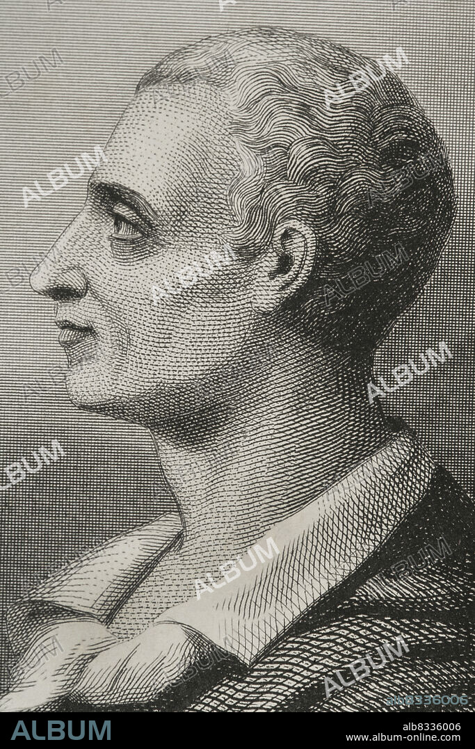 CHARLES GEOFFROY (1819-1882). FRENCH ENGRAVER.. Montesquieu (1689-1755). Filósofo francés. Retrato. Grabado por Geoffroy. Detalle. "Historia Universal", por César Cantú. Tomo VIII. 1858.