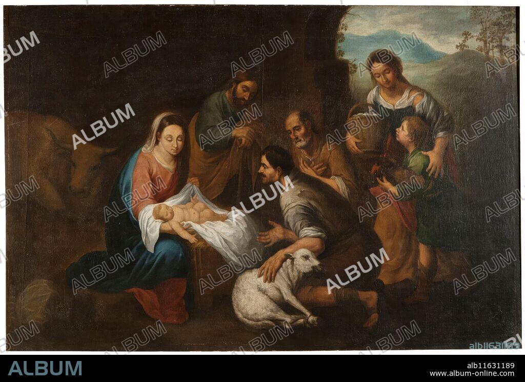 BARTOLOME ESTEBAN MURILLO. Bartolomé Esteban Murillo Estilo de / 'Adoración de los pastores'. Siglo XVII. Óleo sobre lienzo, 110 x 165 cm.