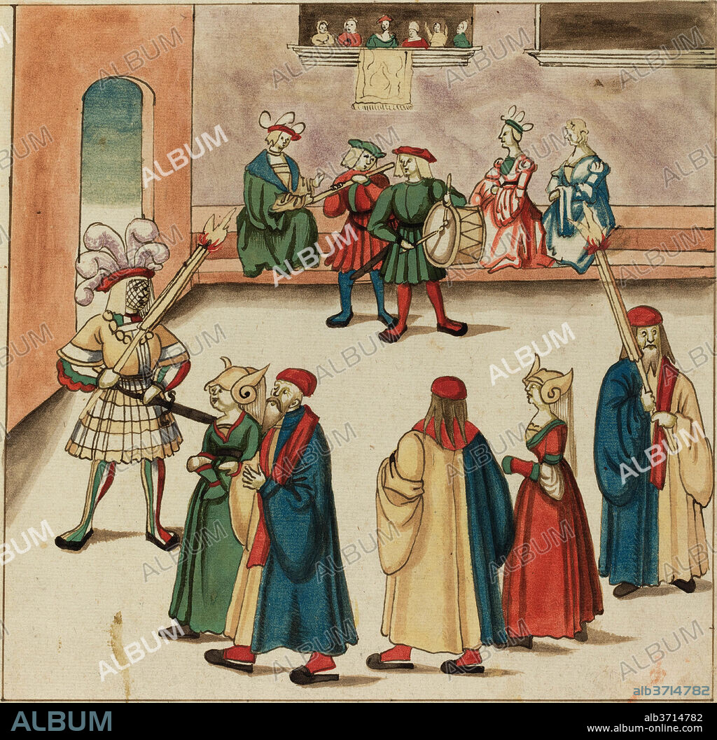 GERMAN 16TH CENTURY. Masquerade. Dated: c. 1515. Dimensions: image: 23.3 x 23.7 cm (9 3/16 x 9 5/16 in.)  sheet: 34 x 26.4 cm (13 3/8 x 10 3/8 in.). Medium: pen and brown ink with watercolor on laid paper.