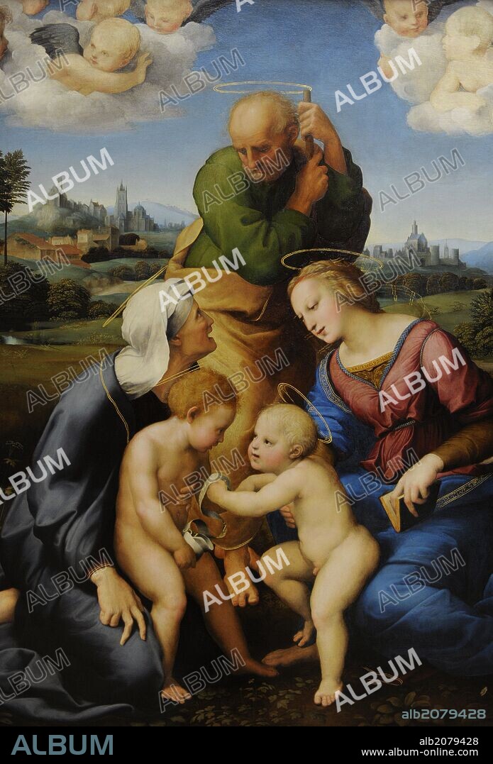 RAPHAEL. ARTE RENACIMIENTO. ITALIA. Raffaello Sanzio (1483-15201). Pintor del Alto Renacimiento. "La Sagrada Familia", conocido popularmente como "La Sagrada Familia Canigiani" en referencia a la familia florentina que fue su propietaria. 1507. Oleo sobre madera. Alte Pinakothek (Pinacoteca Antigua). Munich. Alemania. Europa.