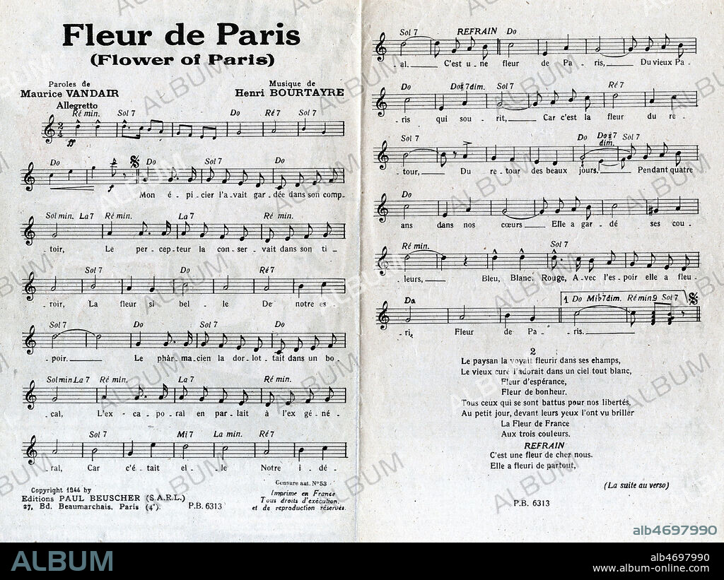 Partition de la chanson 'Fleur de Paris' cree par Maurice CHEVALIER (1888-1972). Paroles de Maurice VANDAIR, Musique de Henri BOURTAYRE. (voir kh8742). Credit : Collection KHARBINE-TAPABOR.