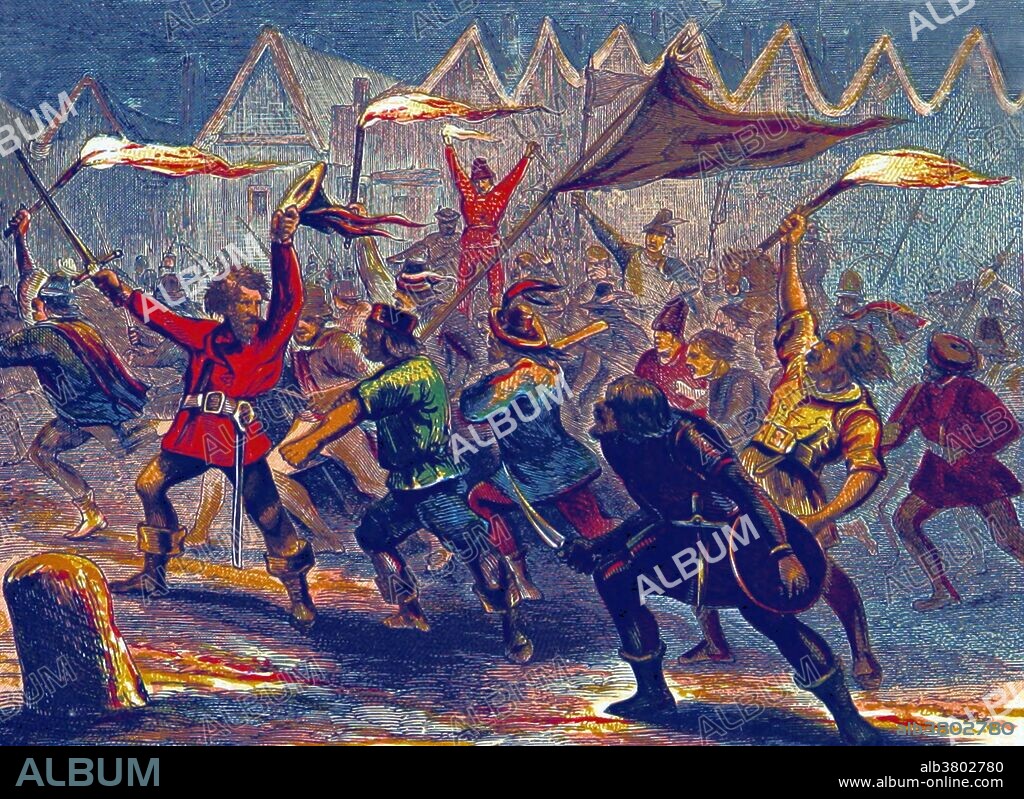 Jack Cade was the leader of a popular revolt against the government of England in 1450. At the time of the revolt, the weak and unpopular King Henry VI was on the throne. While little is known about the rebel leader himself, the events of the rebellion to which he gave his name are well recorded in 15th century chronicles. The Jack Cade Rebellion stemmed from local grievances concerned about the corruption and abuse of power surrounding the king's regime and his closest advisors. Furthermore the rebels were angered by the debt caused by years of warfare against France and the recent loss of Normandy. Leading an army of men from Kent and the surrounding counties, Jack Cade marched on London in order to force the government to end the corruption and remove the traitors surrounding the king's person. Despite Cade's attempt to keep his men under control once the rebel forces had entered London they began to loot. The citizens of London turned on the rebels and forced them out of the city in a bloody battle on London Bridge. To end the bloodshed the rebels were issued pardons by the king and told to return home. Cade fled but was later caught and mortally wounded before reaching London for trial. The Jack Cade Rebellion was a precursor to the Wars of the Roses which saw the decline of the Lancaster dynasty and the rise of the Yorks. Image taken from page 399 of "A History of England for the Young" by Henry Tyrrell, 1872.