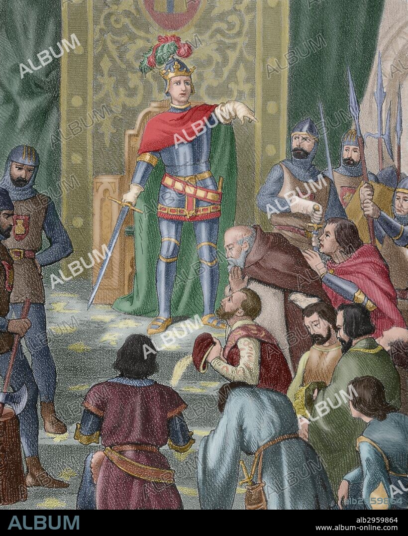 ENRIQUE III "el Doliente" (Burgos, 1379-Toledo, 1406). Rey de Castilla (1390-1406). Hijo de Juan I y de Leonor de Aragón. Impuso su autoridad mediante campañas militares e inició la expansión marítima castellana. "EL REY ENRIQUE III IMPARTE JUSTICIA". Grabado de "Historia de España Ilustrada", del siglo XIX. Coloreado.