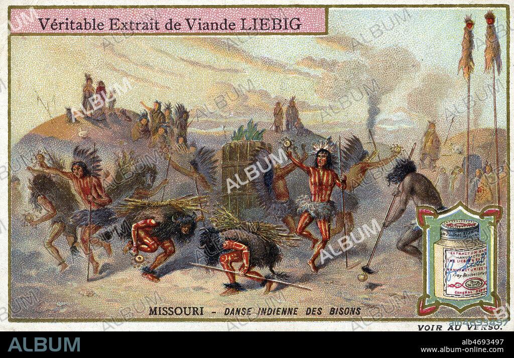 'Missouri : danse indienne des bisons', tribu des Peaux-Rouges. Chromo publicitaire Liebig de 1911, serie intitulee 'Danses nationales'. Illustration anonyme. Credit : Collection IM/KHARBINE-TAPABOR.