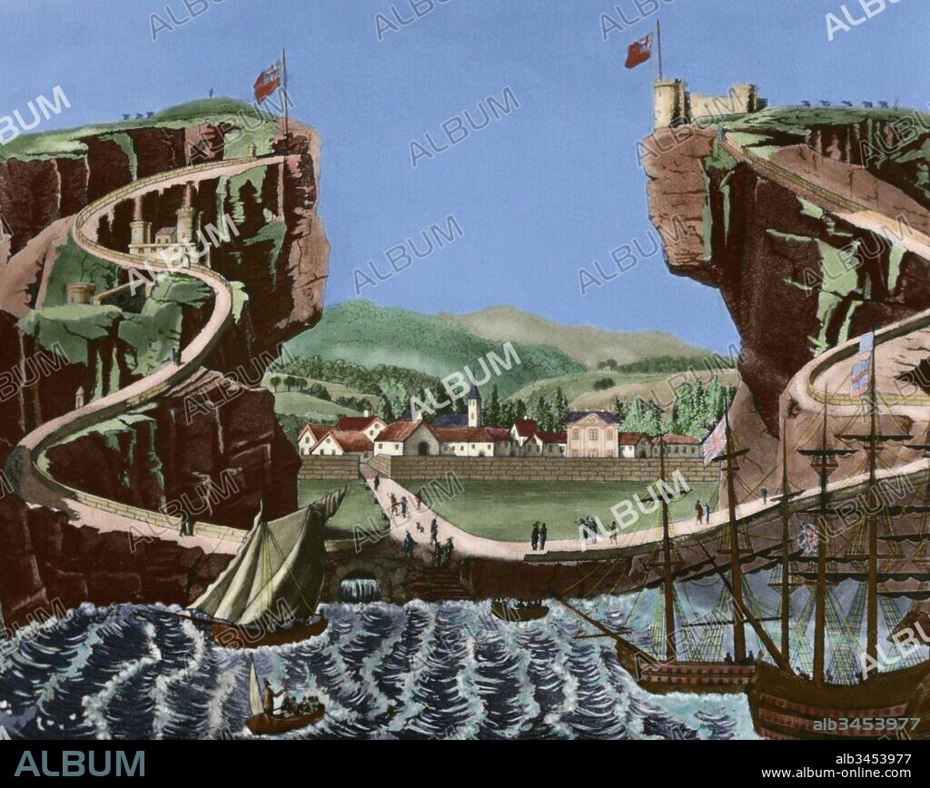 Isla de Santa Elena en el año 1815. En ella fue desterrado Napoleón Bonaparte tras ser vencido en la Batalla de Waterloo (junio de1815) y donde moriría en el año 1821. Grabado coloreado.