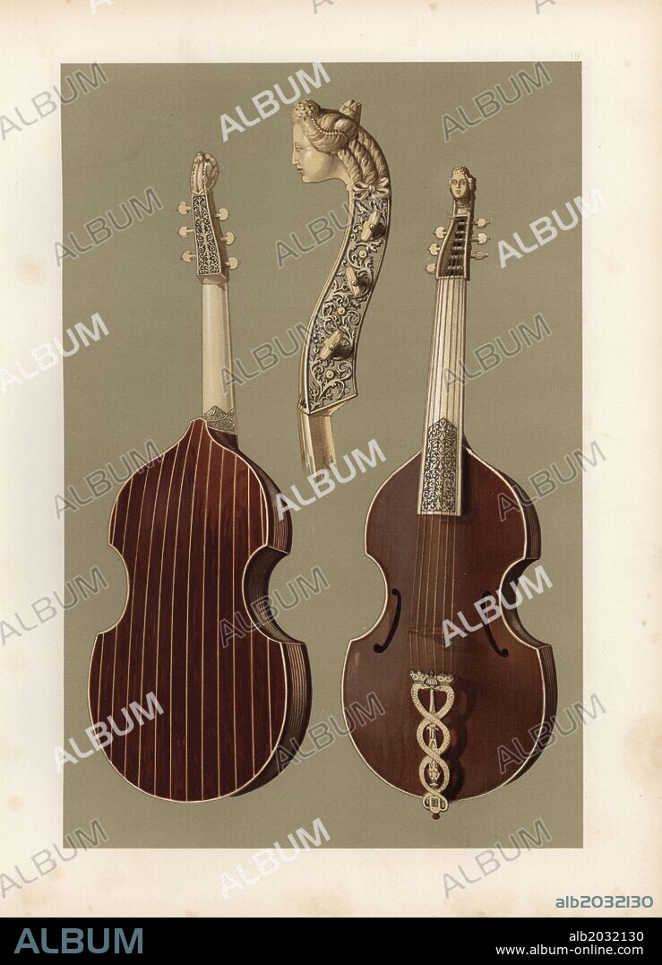 Viola da gamba or bass viol with carved ivory head and neck. Chromolithograph from an illustration by William Gibb from A.J. Hipkins' "Musical Instruments, Historic, Rare and Unique," Adam and Charles Black, Edinburgh, 1888. Alfred James Hipkins (1826-1903) was an English musicologist who specialized in the history of the pianoforte and other instruments. William Gibb was a master illustrator and chromolithographer and illustrated "The Royal House of Stuart" (1890), "Naval and Military Trophies" (1896), and others.