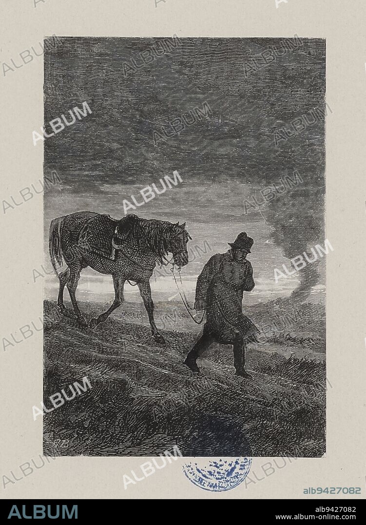 Les Misérables, Part Two, Book One, Chapter XII, It was Napoleon still trying to go forward, Yon, Edmond Charles Joseph, Engraver, Perrichon, Jules-Léon, Engraver, Brion, Gustave, Author of the model, Bonaventure et Ducessois (imprimerie), Printer, Hetzel, Pierre-Jules, Publisher, Lacroix, Albert, Publisher, About 1865, 3rd quarter of the 19th century, House of Victor Hugo - Hauteville House, Graphic arts, Print, Woodcut, Height: 13 cm, Width: 8. 9 cm.