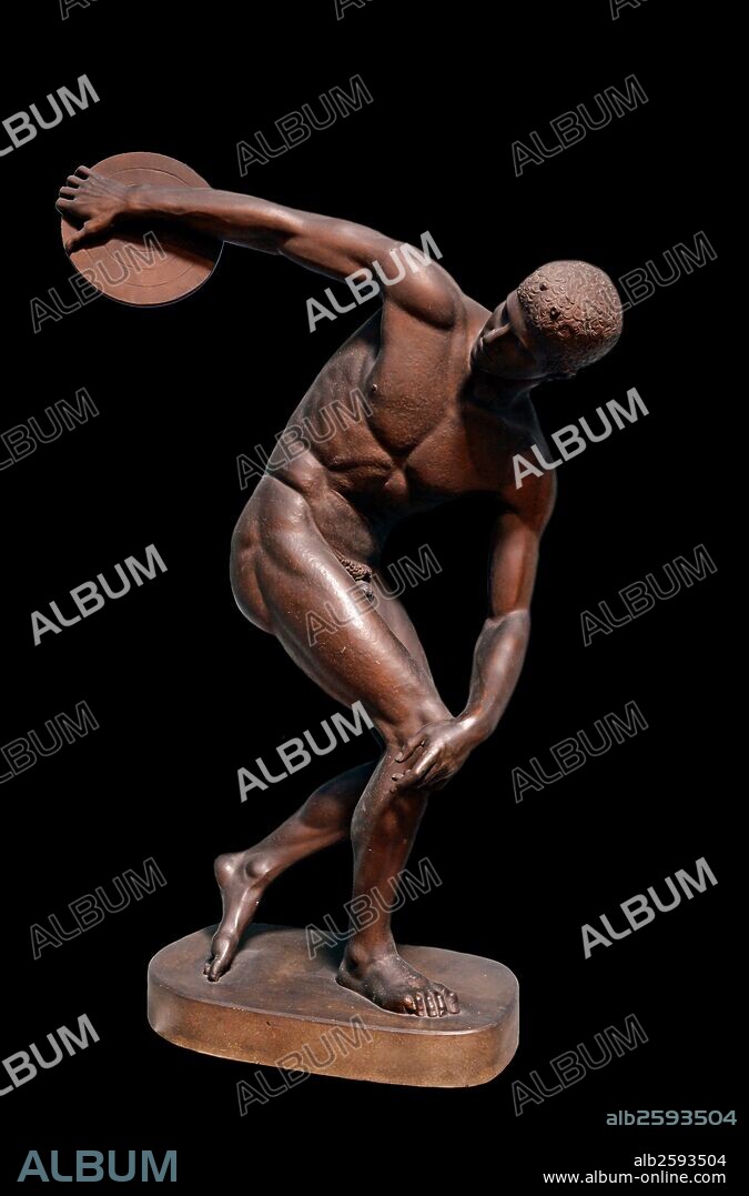 Diskobolos (discus-thrower) of Myron.  An athlete is coiled up in a taut, momentary pose, about to throw the discus, one of the pentathlete's five events.  The cast combines a headless statue from Hadrian's Villa and the head of a statue found in Rome.  Copied closely from a lost bronze victor statue by the Athenian sculptor, Myron, active c 460-440 BC.