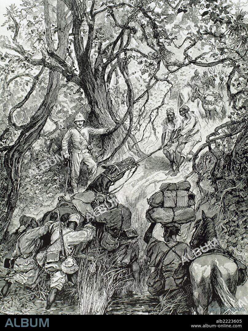 Africa. French expedition opens way into the Nieniya mountains, Sudan (January, 1893). Engraving.