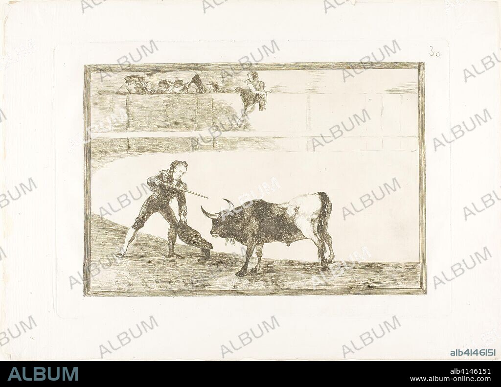 FRANCISCO DE GOYA. Pedro Romero killing the halted bull, plate 30 from The Art of Bullfighting. Francisco José de Goya y Lucientes; Spanish, 1746-1828. Date: 1813-1816. Dimensions: 209 x 307 mm (image); 248 x 355 mm (plate); 325 x 446 mm (sheet). Etching, aquatint, drypoint and burin on ivory laid paper. Origin: Spain.