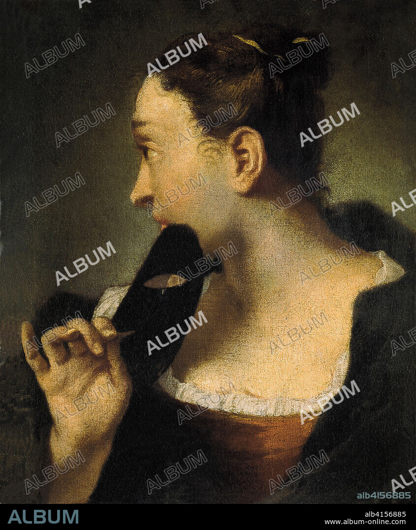 GIOVANNI BATTISTA PIAZZETTA. Giambattista Piazzetta (Venecia, 1682-1754). Retrato de una joven de perfil con una máscara en la mano derecha (hacia 1720 - 1730). Óleo sobre lienzo. 46 x 36,2 cm.