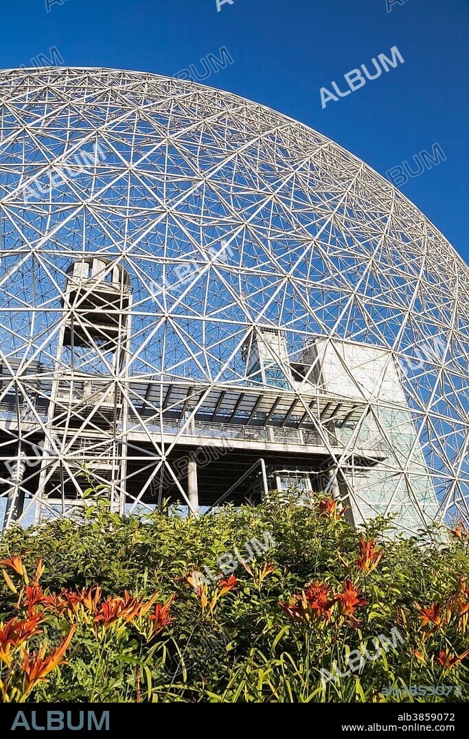 The Biosphere museum, the geodesic dome structure was the former United States pavilion at Expo 67, at Jean-Drapeau Park on Ile Sainte-Helene, Montreal, Quebec, Canada, North America.