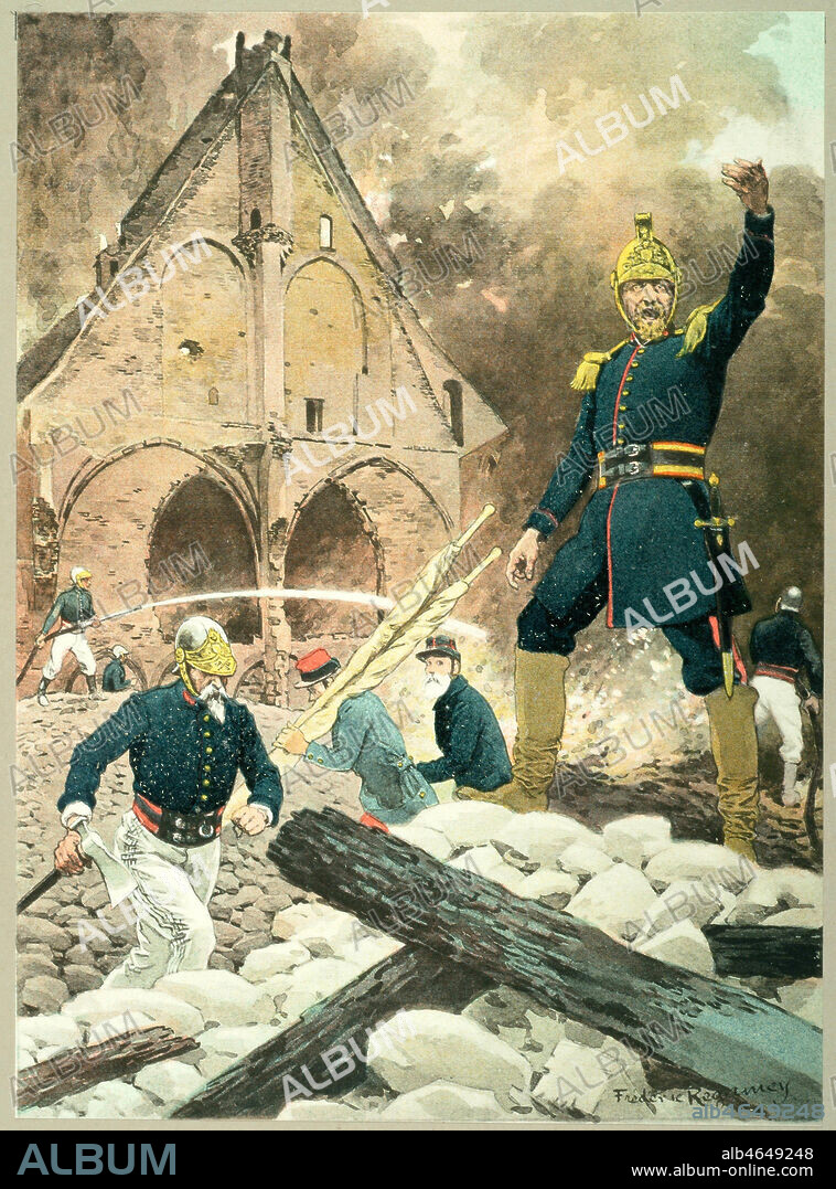 1870. Sapeurs-Pompiers au siege de Strasbourg. De gauche a droite, un sapeur-pompier en tenue d'incendie, un brancardier d'infanterie, le capitaine-commandant de la compagnie des sapeurs-pompiers. Illustration de Frederic REGAMEY (1849-1925) tiree du recueil de planches : Les garnisons d'Alsace au 19eme siecle, publie vers 1911. Credit : Collection Mx/Kharbine-Tapabor.