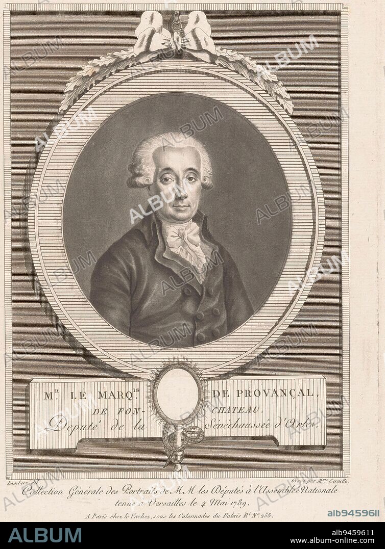 Portrait of Conrad de Provançal de Fontchâteau, the Marquis of Provencal, Marie Jeanne Louise Françoise Suzanne Champion de Cernel, after Lambert, 1791, print maker: Marie Jeanne Louise Françoise Suzanne Champion de Cernel, (mentioned on object), intermediary draughtsman: Lambert, (mentioned on object), publisher: Nicolas-François Le Vachez, (mentioned on object), print maker: France, publisher: Paris, 1791, paper, etching, h 241 mm - w 174 mm.
