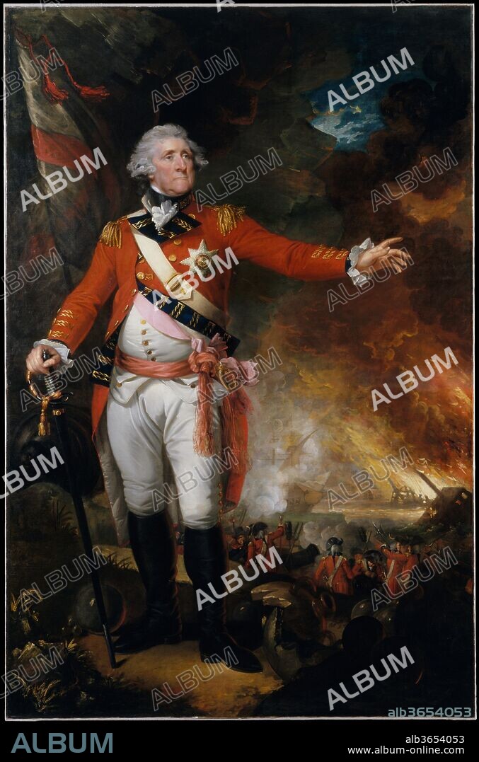 General George Eliott. Artist: Mather Brown (American, Boston, Massachusetts 1761-1831 London). Dimensions: 98 3/16 x 64 3/8 in. (249.4 x 163.5 cm). Date: 1790.
Brown's grand-manner portrait of General George Eliott (1717-1790) is a great spectacle that captured both the painter and his subject at the pinnacle of their respective careers. Descended from America's earliest settlers, Brown grew up in Boston and trained in London under Benjamin West. General Eliott commanded the British garrison against the allied Spanish and French forces at Gibraltar (1779-83). The pyrotechnic portrait shows Eliott during a battle in September 1782, when the British deployed the newly devised technique of heated shot, annihilating the enemy fleet. (Eliott is also portrayed in John Trumbull's painting of the scene; 1976.332.).