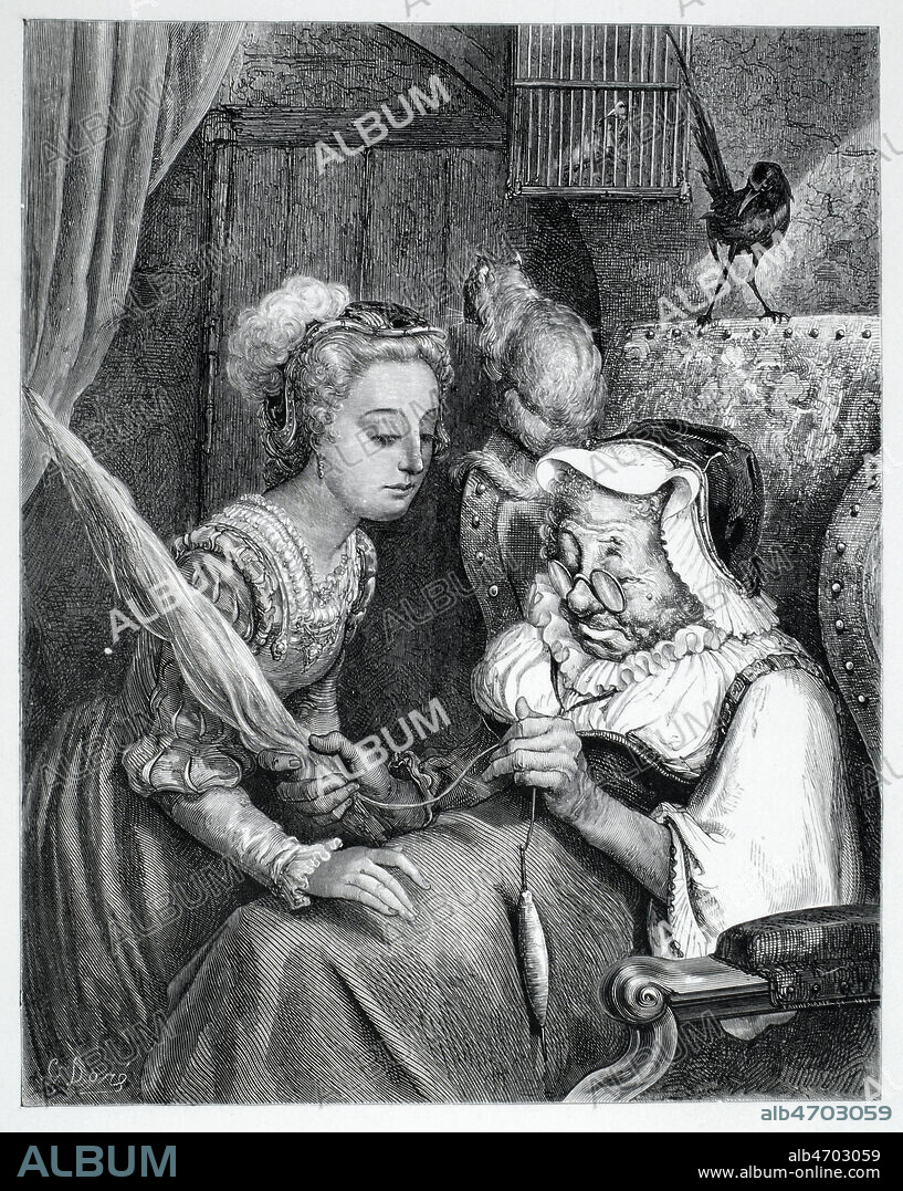 LA BELLE AU BOIS DORMANT: la princesse trouve la vieille et sa quenouille, elle va se piquer le doigt... Conte de Charles PERRAULT, gravure de Gustave DORE, 1862 . Credit Collection Kharbine Tapabor.