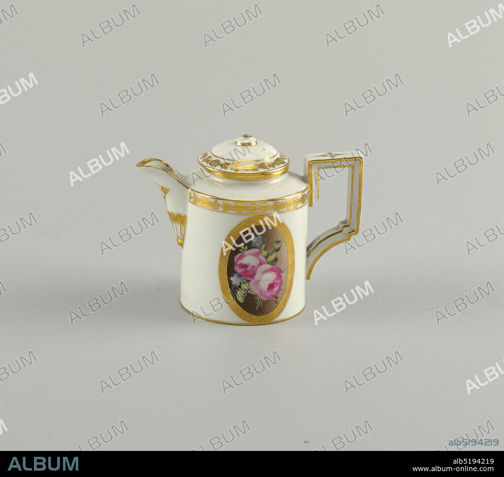Teapot with Rose Medallion, Fürstenberg Porcelain Manufactory, German, established 1747, hard paste porcelain, vitreous enamel, gold, Cylindrical, domed cover. Slight concave lip; strap handle of rectangular form. Oval floral medallions, gilded bands. Bottom unglazed., Germany, early 19th century, ceramics, Decorative Arts, teapot, teapot.