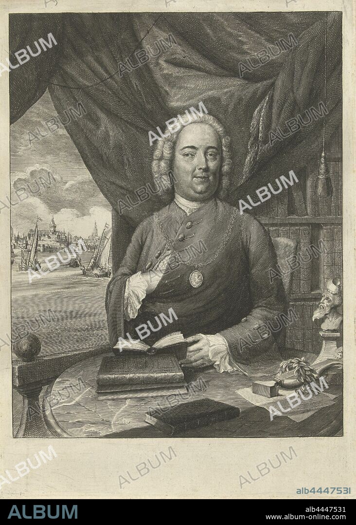 Portrait of Hans Kasper Arkstée, The literary scholar Hans Kasper Arkstée, sitting at a table in his study, a medal on the jacket. He holds open a book on the table with his left hand. On the table in front of him is a winch surrounded by a laurel wreath next to a small portrait bust. Left in the background view of Nijmegen from the water, Hans Kasper Arkstée, Christian Friedrich Fritzsch, 1729 - 1774, paper, engraving, h 341 mm × w 244 mm.