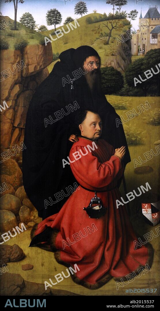 CHRISTUS PETRUS. ARTE RENACIMIENTO. FLANDES. Petrus Christus o Petrus Cristus (1425-1476). Pintor flamenco. "Altar panel con un donante de escarlata bajo la protección de San Antonio", 1450. Staten Museum for Kunst. Copenhague. Dinamarca.