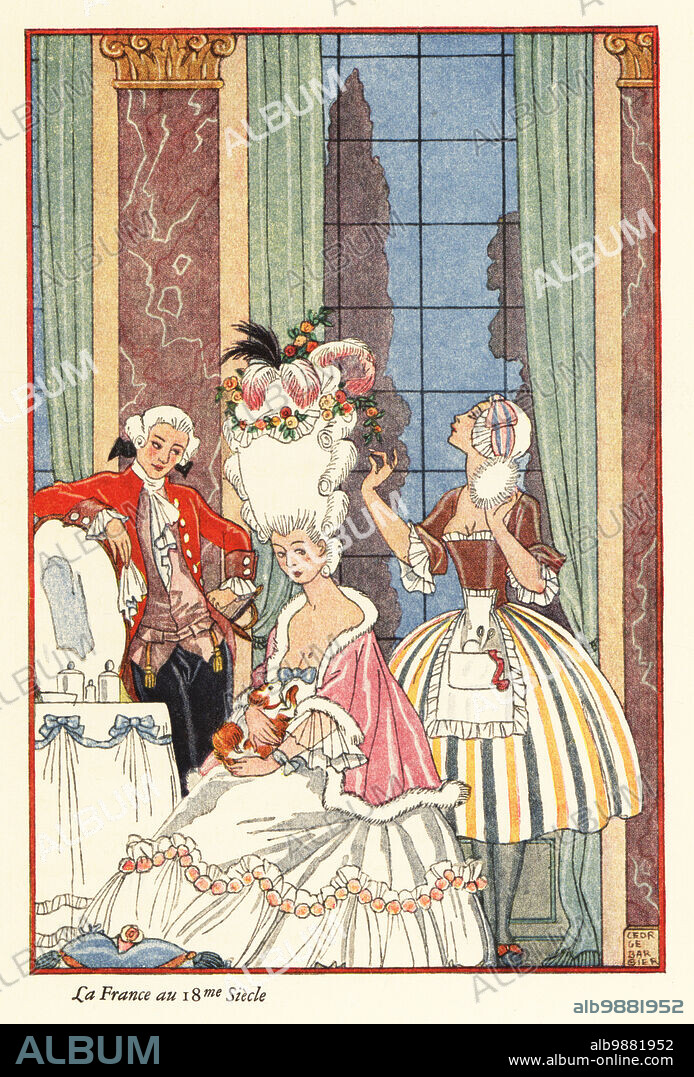 A noble woman at her toilette in the era of Marie Antoinette, 18th century France. A hairdresser with a powder puff fixes the woman's huge pouffe hair-do. The woman sits holding a lap dog. La France au 18me Siecle. Smithsonian-process colour print after Art Deco master George Barbier from Richard le Galliennes Romance of Perfume, Hudnut, New York, 1928.