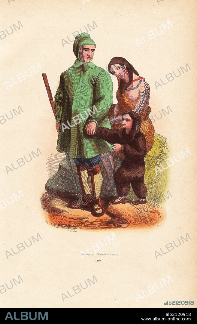 Kamtchadal family with man in hooded coat, woman in animal fur with extensive tattoos, and child in fur bodysuit. Handcoloured woodcut by M. Deley from Auguste Wahlen's "Moeurs, Usages et Costumes de tous les Peuples du Monde," Librairie Historique-Artistique, Brussels, 1845. Wahlen was the pseudonym of Jean-Francois-Nicolas Loumyer (1801-1875), a writer and archivist with the Heraldic Department of Belgium.