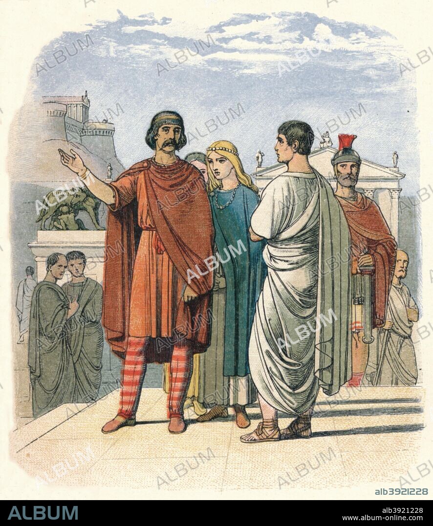 'Caractacus at Rome. A.D. 52', 1864. Caratacus was a first-century British chieftain of the Catuvellauni tribe, who led the British resistance to the Roman conquest. From A Chronicle of England B.C. 55 - A.D. 1485 by James E. Doyle. [Longman, Green, Longman, Roberts & Green, London, 1864].