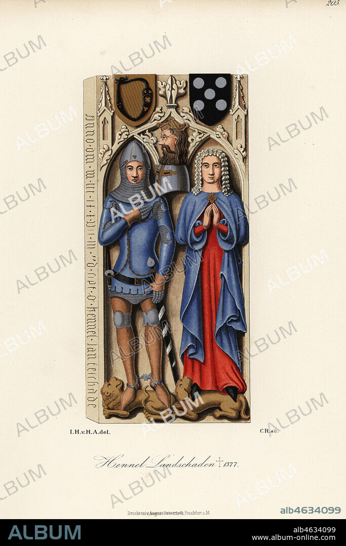 Hennel Landschad von Steinach, died 1377, and his wife Mia von Sickingen. From a grave effigy in a church in Neckarsteinach. Chromolithograph from Hefner-Alteneck's Costumes, Artworks and Appliances from the Middle Ages to the 17th Century, Frankfurt, 1889. Illustration by Dr. Jakob Heinrich von Hefner-Alteneck, lithographed by C.R. Dr. Hefner-Alteneck (1811 - 1903) was a German museum curator, archaeologist, art historian, illustrator and etcher.