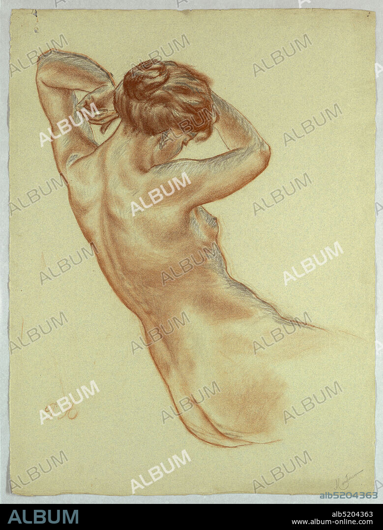 Half figure of a seated nude woman, Pietro Montana, b. 1890, Red, black and white chalks on pale grey paper., Vertical rectangle. The figure is seen from the back, turned towad the right, her hands in the gesture of arranging her hair. Signed (in pencil), lower right: 'Montana' and again (in red chalk), lower left: 'P.M.', USA, ca. 1910, figures, Drawing, Drawing.
