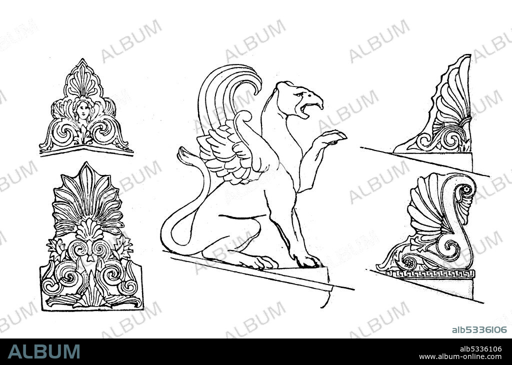 An acroterion or acroterium or akroteria is an architectural ornament placed on a flat pedestal called the acroter or plinth, and mounted at the apex or corner of the pediment of a building in the classical style  /  Das Akroterion, Akroter, Akroteren, dient als Architekturelement der Bekrönung des Giebelfirstes, Historisch, historical, digital improved reproduction of an original from the 19th century / digitale Reproduktion einer Originalvorlage aus dem 19. Jahrhundert,.