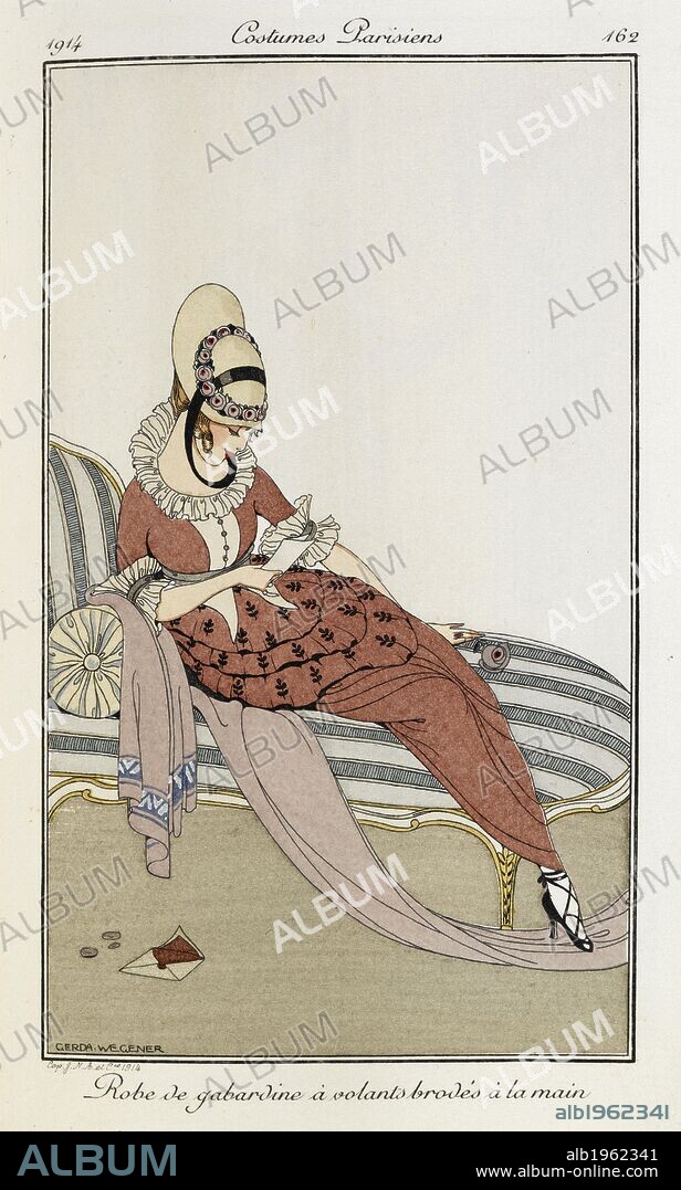 GERDA WEGENER. Robe de gabardine Ã  volants brodÃ©s Ã  la main. Woman sitting on a chaise longs wearing a gabardine dress in pink with hand embroidered ruffles. Also wearing a straw hat with pink rose border. Costumes Parisiens. Journal des dames et des modes. [With coloured plates.]. Paris, 1914. Colour plates / Illustrations. Pochoir. Fashion. Source: P.P.5242.dc, volume IV, plate 162, after page 120. Language: French.