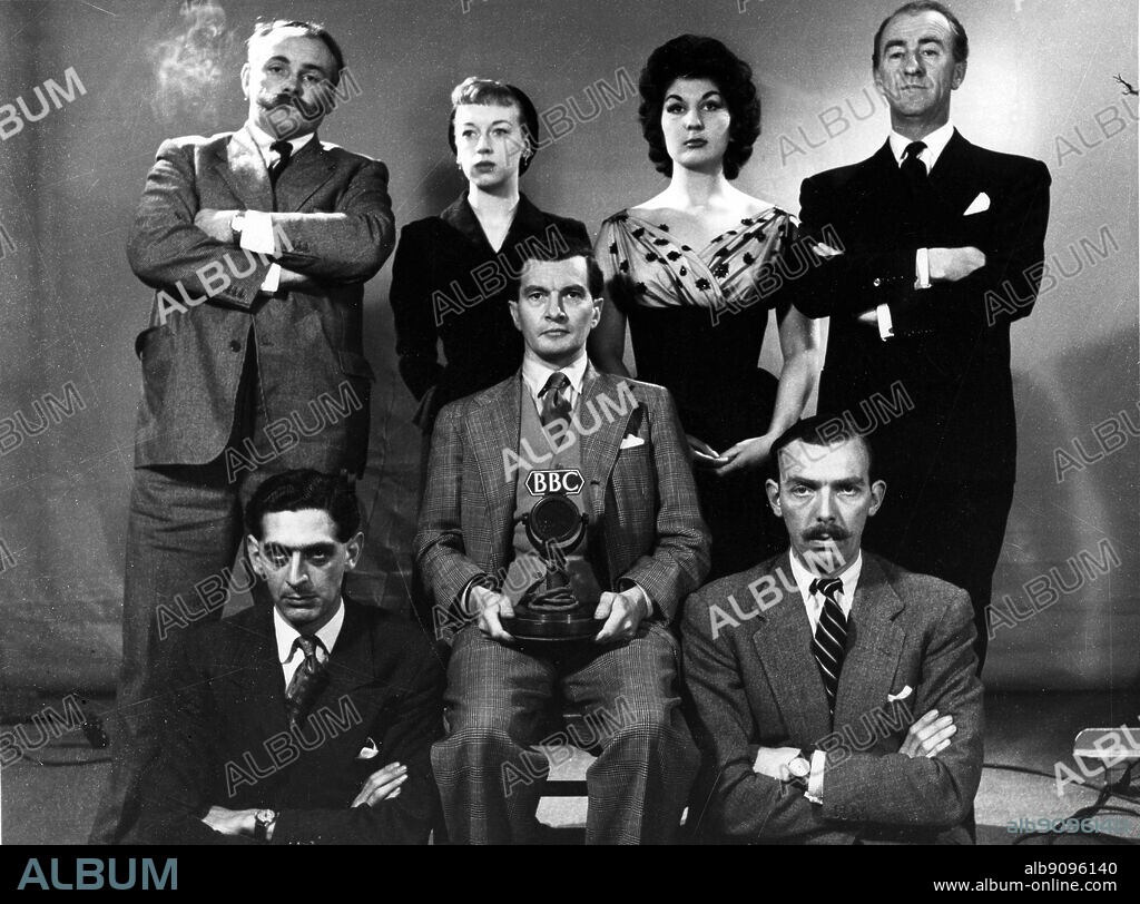 Take it From Here. Left to right standing Jimmy Edwards June Whitfield Alma Cogan and Dick Bentley. Seated producer Charles Maxwell centre, Denis Norden Left, and Frank Muir who writes the script. 20th October 1953.