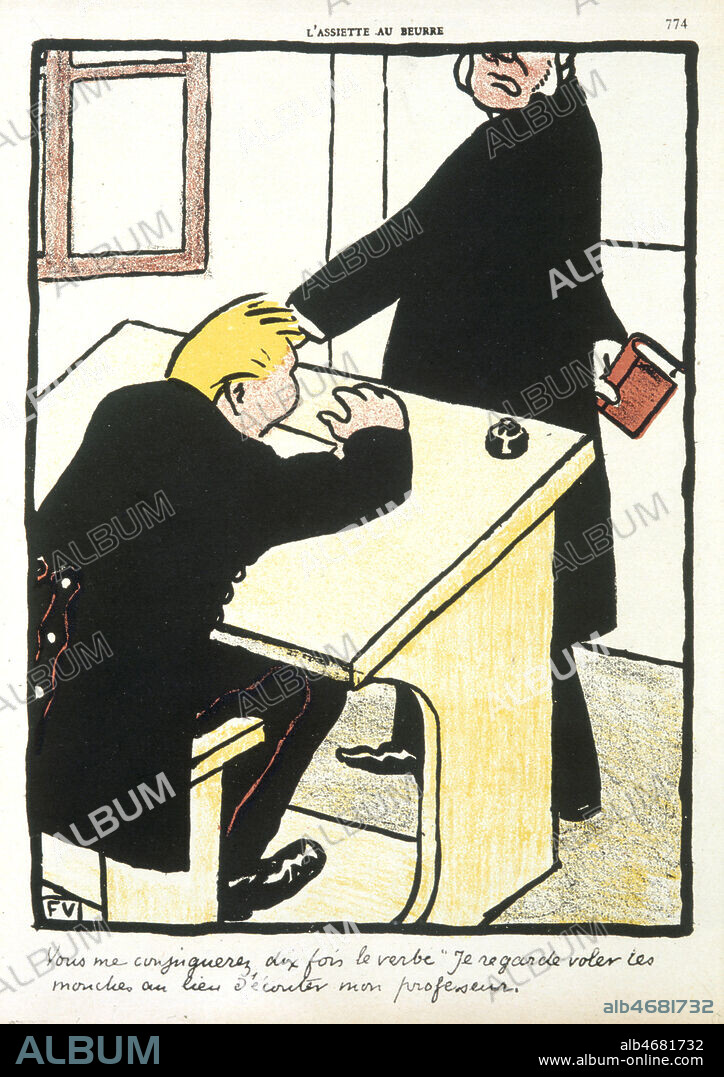 'Vous me conjuguerez 10 fois le verbe 'je regarde voler les mouches au lieu d'ecouter mon professeur' Caricature de VALLOTTON Félix (1865-1925) dans le numero de l'Assiette au Beurre: Crimes et Chatiments. 1902. Credit: Coll. Kharbine Tapabor.