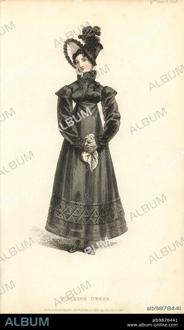 Regency lady in black walking dress and Claremont bonnet. Dress of black bombazeen with crape trimming, high collar, mourning ruff, black crape Claremont bonnet, Vol. 4, Plate 34, December 1, 1817. Designed by milliner and dress-maker Mrs Bell of 52 St Jamess Street. Handcoloured copperplate engraving by Thomas Uwins from Rudolph Ackermann's Repository of Arts, Strand, London.