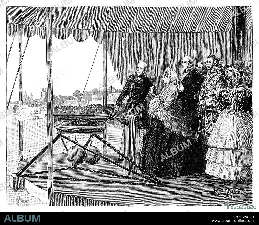 Queen Victoria firing the first shot at Wimbledon, July 1860, (1887). The queen opens the first meeting of the National Rifle Association by firing the first shot from a Whitworth rifle. Illustration from The Life & Times of Queen Victoria, by Robert Wilson, Vol III.