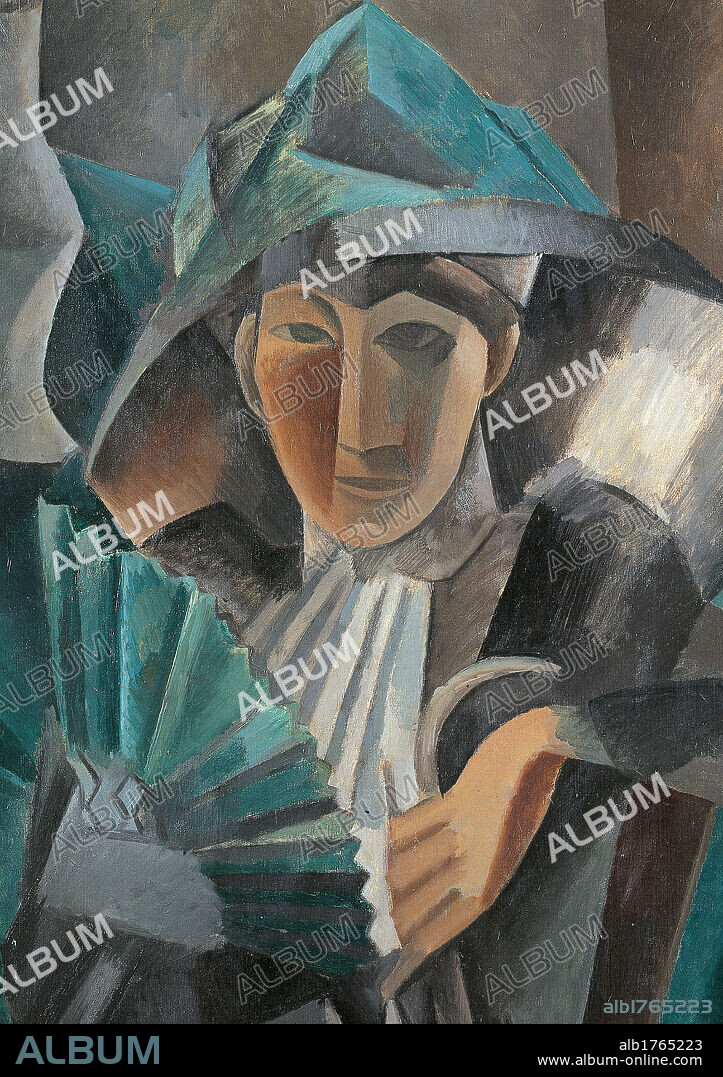 Woman with Fan, by Pablo Picasso, 1909, 20th Century, oil on canvas, cm 101 x 81. Russia, Moscow, Pushkin Museum. Detail. Woman face fan hat squares black green white.  Please remember that author's rights have to be cleared for modern and contemporary works of arts.