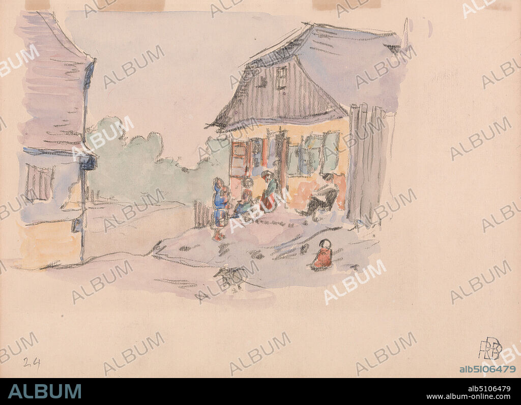 Family Gathered on a Porch, Opatow Kielecki, Poland, Robert Polhill Bevan, 18651925, British, ca. 1907, Black chalk and watercolor on medium, smooth, beige wove paper, Sheet: 6 5/8 x 9 inches (16.8 x 22.9 cm), buildings, children, family, figures, genre subject, houses, trees, Europe, Opatów, Polska, Tarnobrzeg.