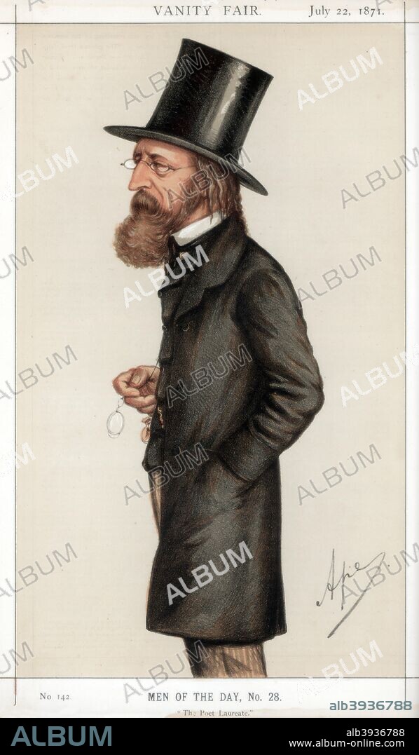 'The Poet Laureate', 1871. Alfred Lord Tennyson (1809-1892), English poet. One of the most popular English poets, he succeeded William Wordsworth as Poet Laureate of the United Kingdom in 1850 and held the position until his death. In 1884, Queen Victoria, who was an admirer of Tennyson's work, made him a baron. A print from Vanity Fair, 22 July 1871.