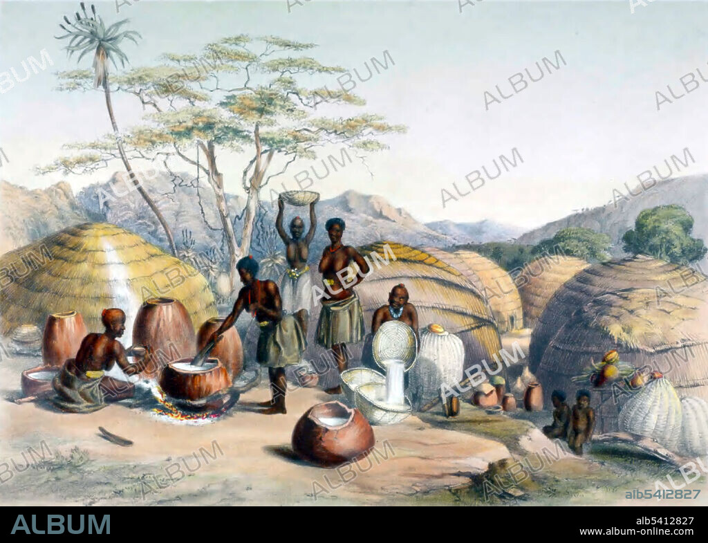 Zulu women making beer at Gudu's kraal, on the Tugela River. Umqombothi is a traditional beer made in the Transkei, from maize (corn), maize malt, sorghum malt, yeast and water. The term kraal primarily refers to the type of dispersed homestead characteristic of the Nguni-speaking peoples of southern Africa. The Tugela River is the largest river in KwaZulu-Natal Province, South Africa. In 1846 George French Angas (English explorer and painter) went to South Africa, where he spent two years in Natal and the Cape, working on a series of drawings and watercolors which were published in 1849 as The Kafirs Illustrated.