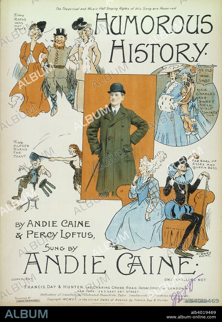 'Humorous History'; cartoons on cover of book of sheet music, 1906. Various kings and queens of England are shown in humorous situations, and in the centre a man in a coat and bowler hat.