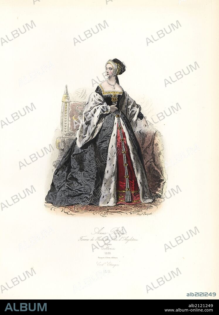 Anne Boleyn, wife of King Henry VIII of England, after Hans Holbein, 1536. Handcoloured steel engraving by Polydor Pauquet from the Pauquet Brothers' "Modes et Costumes Etrangers Anciens et Modernes" (Foreign Fashions and Costumes Ancient and Modern), Paris, 1865. Hippolyte (b. 1797) and Polydor Pauquet (b. 1799) ran a successful publishing house in Paris in the 19th century, specializing in illustrated books on costume, birds, butterflies, anatomy and natural history.