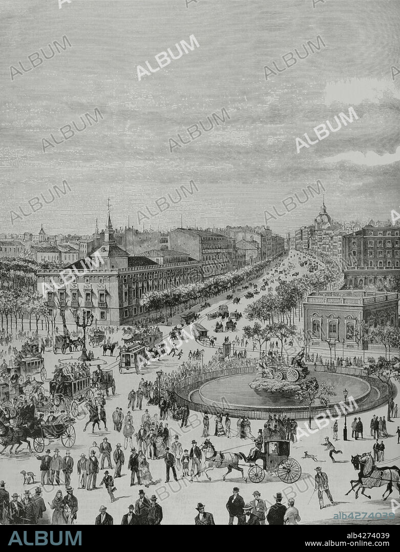 MARTINEZ HEBERT and 19TH CENTURY ARTIST. TOMáS CARLOS CAPUZ (1834-1899). SPANISH ENGRAVER.. Spain, Madrid. Alcala street (Calle de Alcalá) on a bullfighting day. Drawing by Martinez de Hebert. Detail. Engraving by Capuz. La Ilustración Española y Americana, 1882.