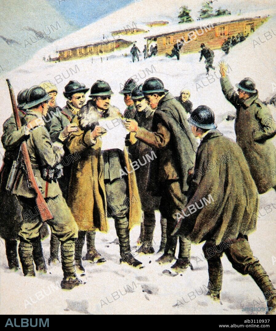 World War I (1914-1918). After the Battle of Caporetti (October 24-November 9, 1917) on the Italian front appear hopes in the bulletins of the high commands. Engraving in La Domenica del Corriere, Italy.