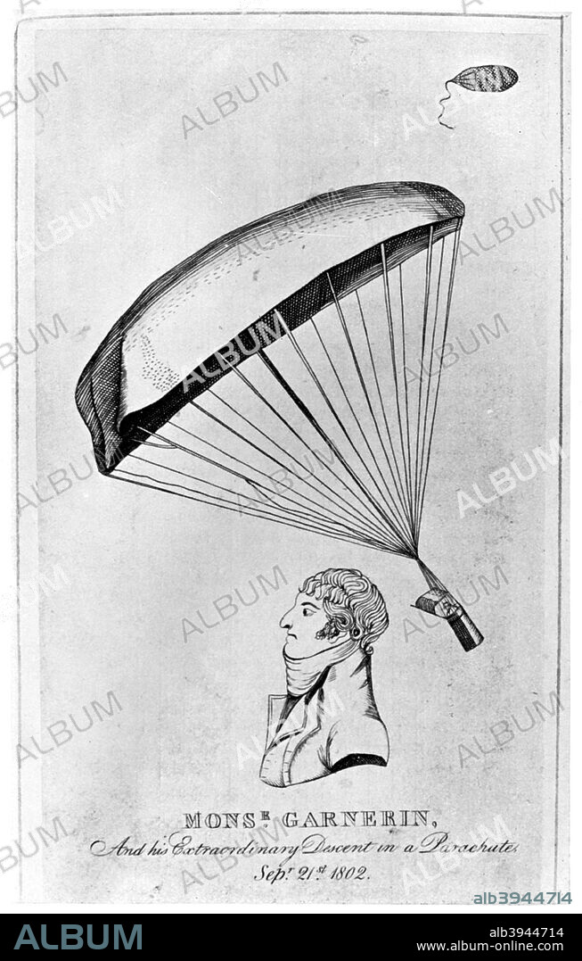 Andre Jacques Garnerin, French aeronaut and the first parachutist, c1802 (1910). 'Monsr Garnerin, and his Extraordinary Descent in a Parachute'. Garnerin (1769-1823) became a balloon inspector in the French Army in 1793. In Paris in 1797, he performed the first public exhibition of a parachute jump from a free-flying balloon, descending 3200 feet. He was the first aeronaut to parachute regularly. He often worked with his brother, Jean-Baptiste-Olivier Garnerin. Illustration from The Connoisseur, (August 1910).