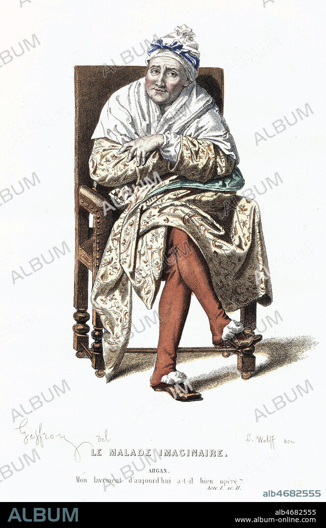 Le Malade imaginaire. Argan : Mon lavement d'aujourd'hui a-t-il bien opere ? (Acte I, Scene 2). Illustration de 1875 par Edmond GEFFROY (1804-1895) pour Oeuvres completes de MOLIERE (1622-1673). Credit : Collection Jonas/Kharbine-Tapabor.