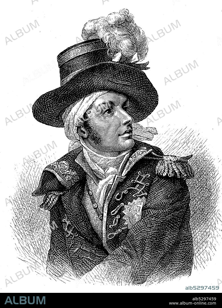 François de Charette, April 21, 1763 - executed on 29 February 1796 was a French naval officer and a leader of the army catholique et royale de Vendee during the uprising there in the years 1793-1796  /  Francois Athanase de Charette de la Contrie, 21. April 1763  - hingerichtet am 29. Februar 1796, war ein französischer Marineoffizier und einer der Anführer der Armee catholique et royale de Vendee während des dortigen Aufstandes in den Jahren 1793 bis 1796, Historisch, historical, digital improved reproduction of an original from the 19th century / digitale Reproduktion einer Originalvorlage aus dem 19. Jahrhundert,.